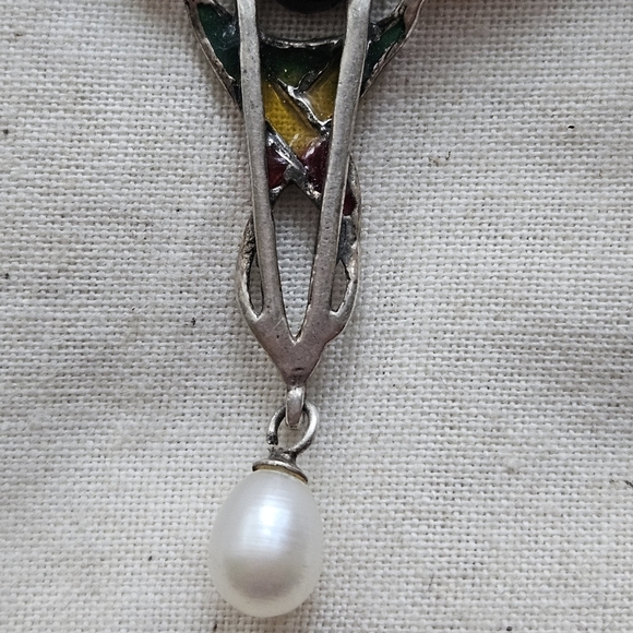 Vtg Sterling Ruby, Pearl, Marcasite Plique-a-Jour Enamel Brooch - Picture 7 of 11